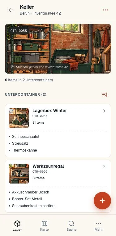 Container-Ansicht der meinInventar-App: Keller mit Untercontainern und Inhaltsvorschau