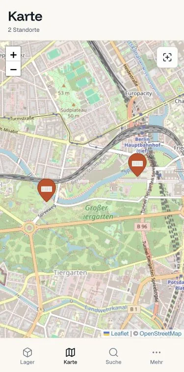 Kartenansicht der meinInventar-App mit zwei gespeicherten Demo-Standorten