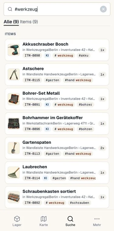 Inventarsuche nach dem Tag Werkzeug mit Item-Fotos und dem Pfad zum Aufbewahrungsort